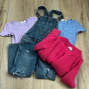 Kids Denim Overalls with Pink Sweater and Tees